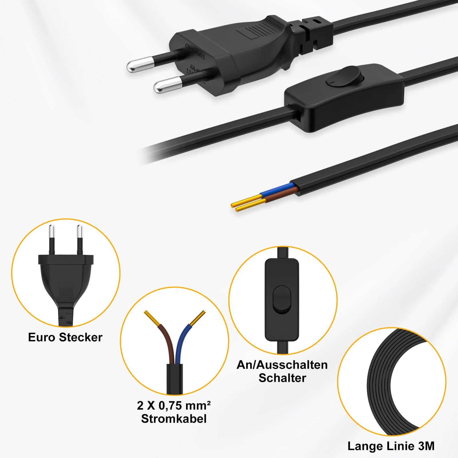 European Standard Power Cord with Switch - 2-Pin DIY Extension Cable - 4
