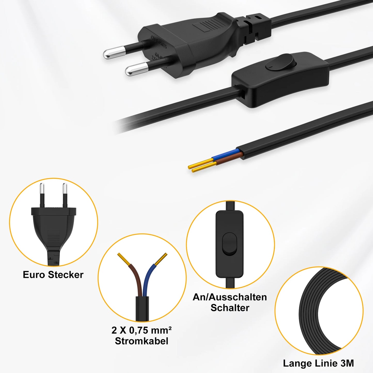 European Standard Power Cord with Switch - 2-Pin DIY Extension Cable