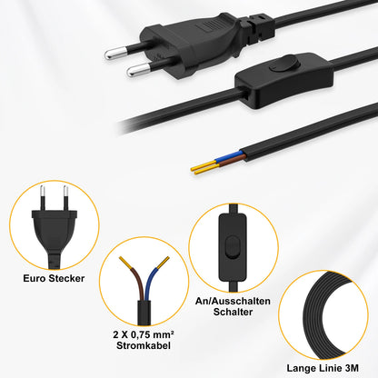 European Standard Power Cord with Switch - 2-Pin DIY Extension Cable