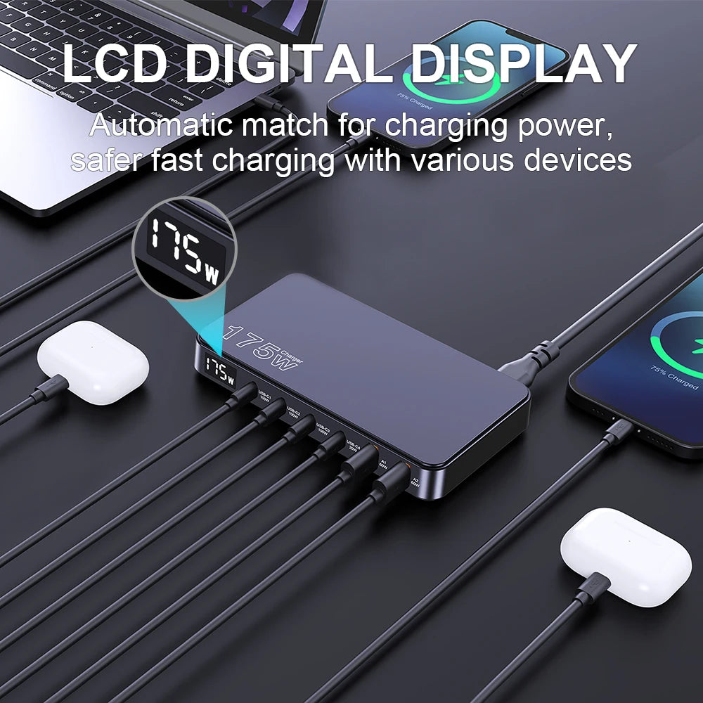 175W GaN Fast Charger with 6-Port Desktop Power Hub & LED Display - 3