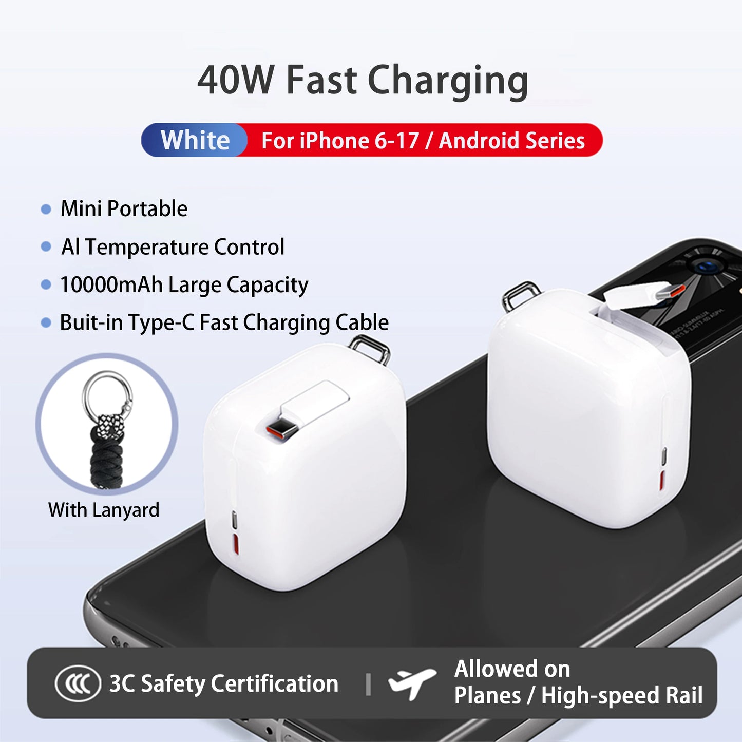 40W Fast Charging 10000mAh Power Bank with Built-in Retractable Cable