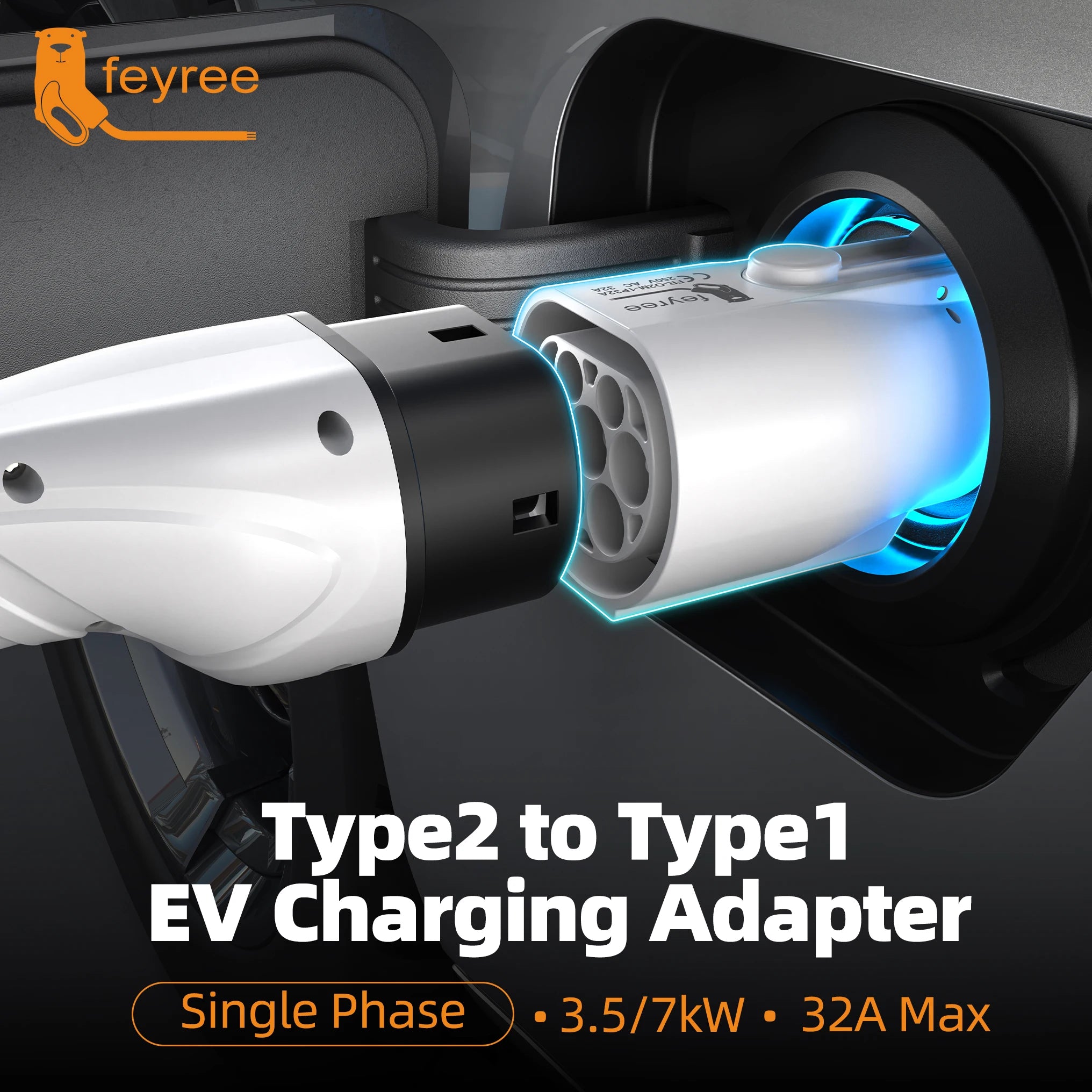 EV Charger Adapter Type 2 to Type 1 - 32A 7KW Fast Charging Connector - 10