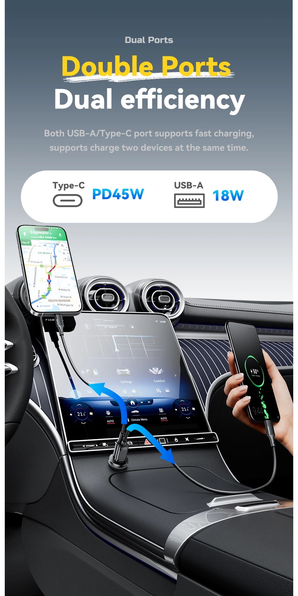 45W Dual Port Fast Car Charger - USB-C & USB-A PD Fast Charging Adapter - 10