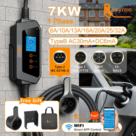 7KW Smart WiFi EV Charger - 32A Adjustable Electric Vehicle Wallbox