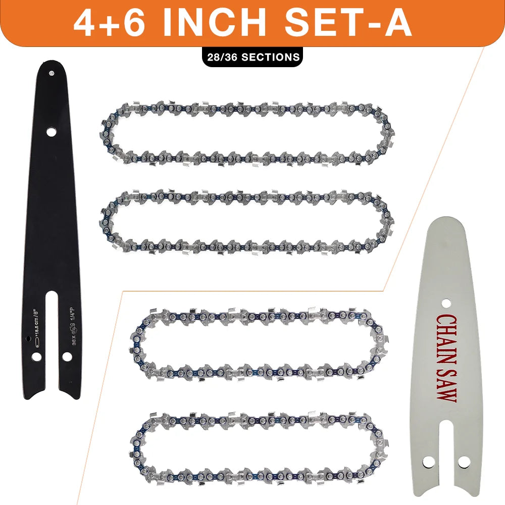 4 & 6-Inch Replacement Chains and Guide Bar Set for Mini Cordless Chainsaws - 22