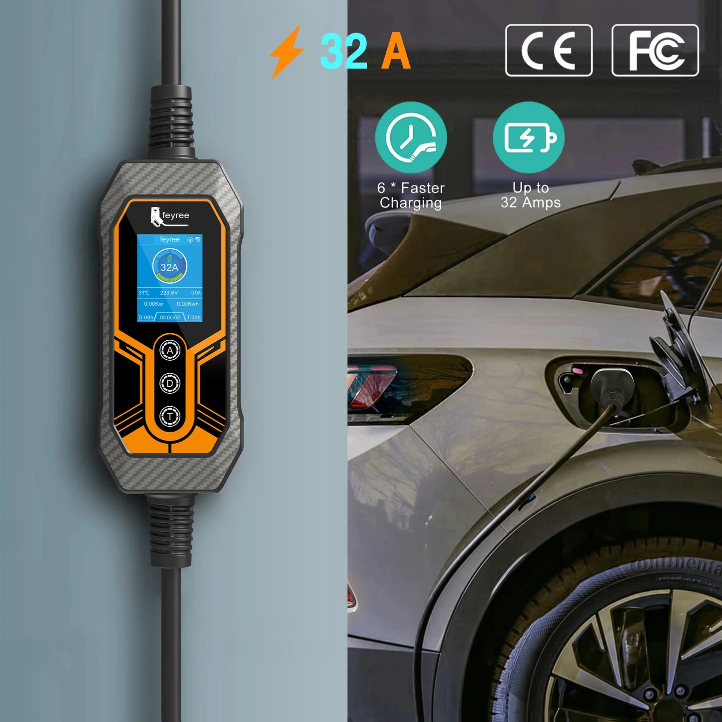 7KW Portable EV Charger Type 2, 32A Smart Wi-Fi Electric Vehicle Charger