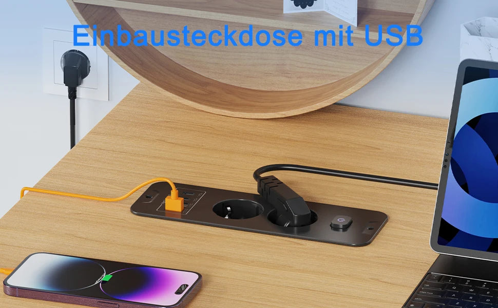 Desktop Recessed Power Strip - Built-in 3 AC Sockets, USB & PD 20W Type-C - 15