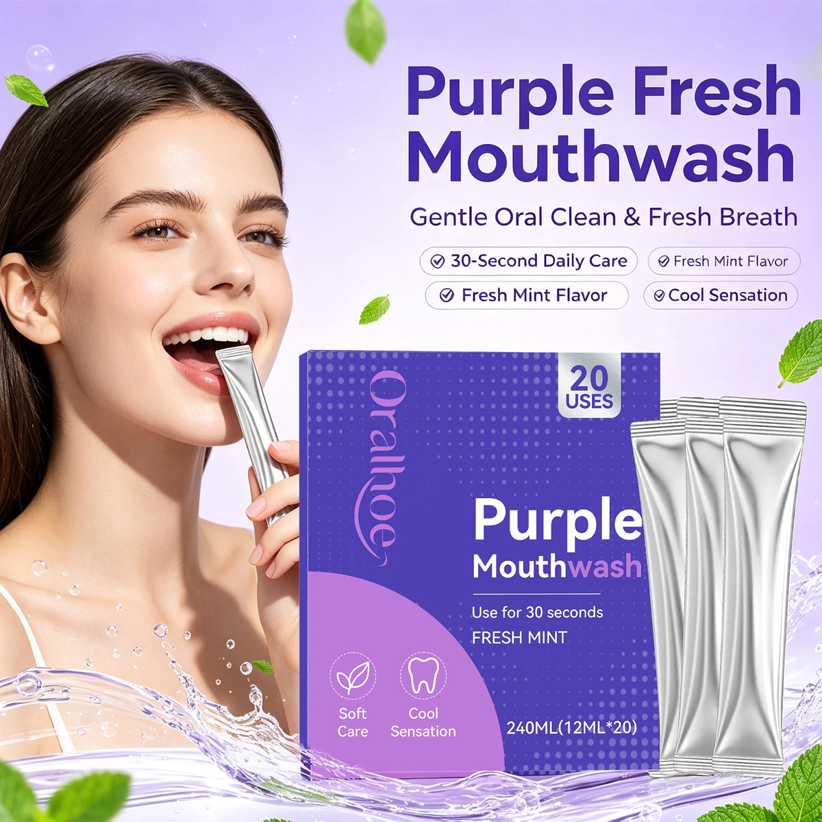 Purple Mint Mouthwash Single-Use Travel Sachets for Fresh Breath & Oral Care