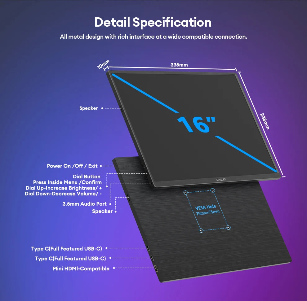 16" 2.5K 144Hz Portable Gaming Monitor - QHD IPS Travel Display for Laptop