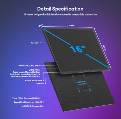 16" 2.5K 144Hz Portable Gaming Monitor - QHD IPS Travel Display for Laptop