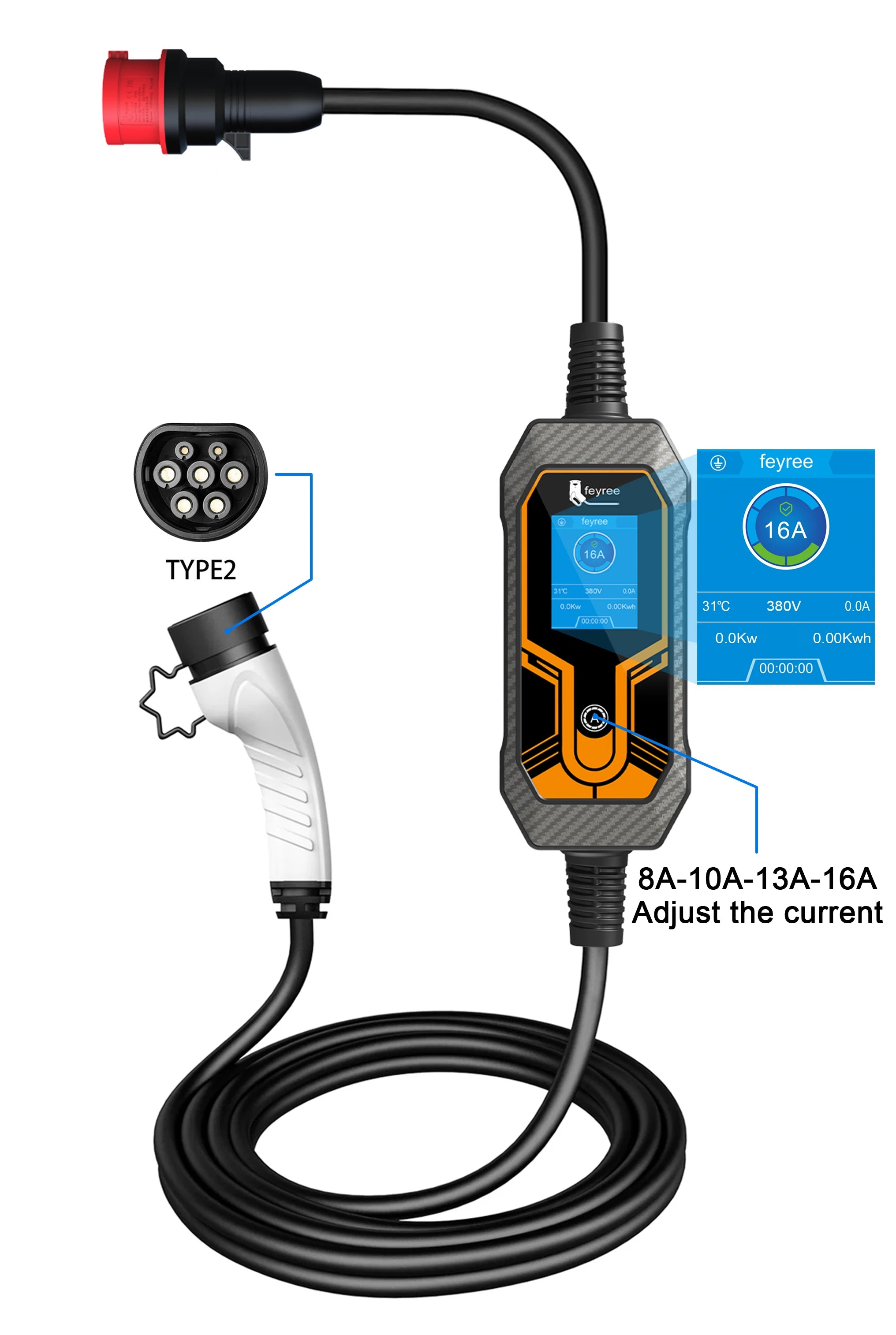 11KW Portable EV Charger Type 2 - Adjustable 16A Electric Car Charging Box - 2