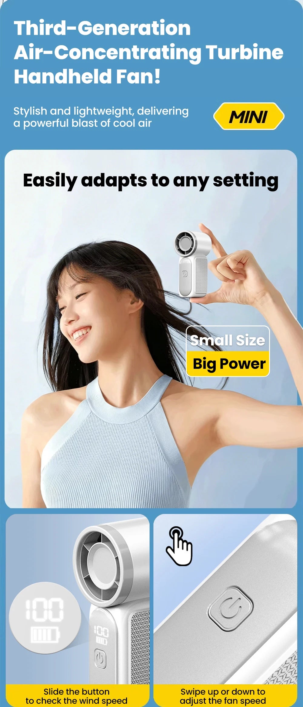 Portable 5-Speed Handheld Mini Fan USB-C Rechargeable Cooling Fan