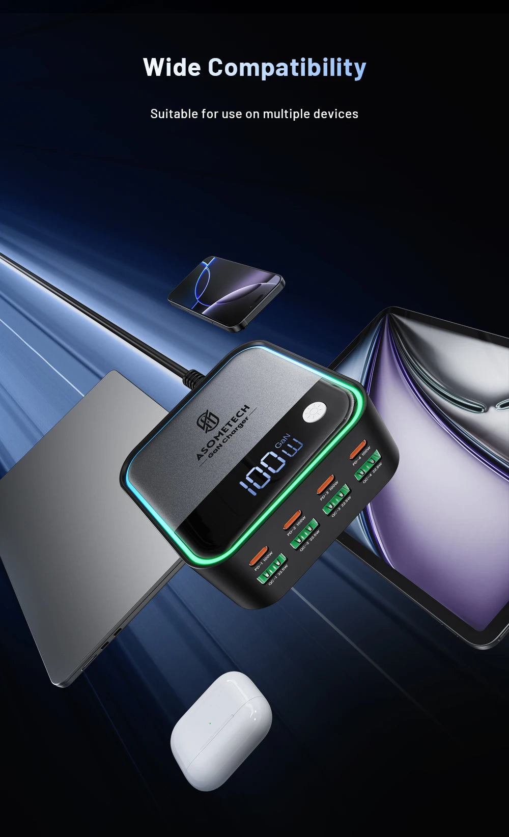 100W GaN 8-Port Desktop USB Charger with LED Digital Display & Lighting - 15