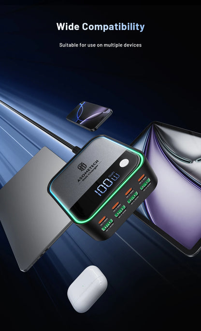 100W GaN 8-Port Desktop USB Charger with LED Digital Display & Lighting