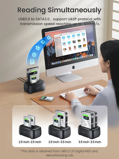 Dual-Bay HDD/SSD Docking Station 36TB USB 3.0 Type-C External Hard Drive Case