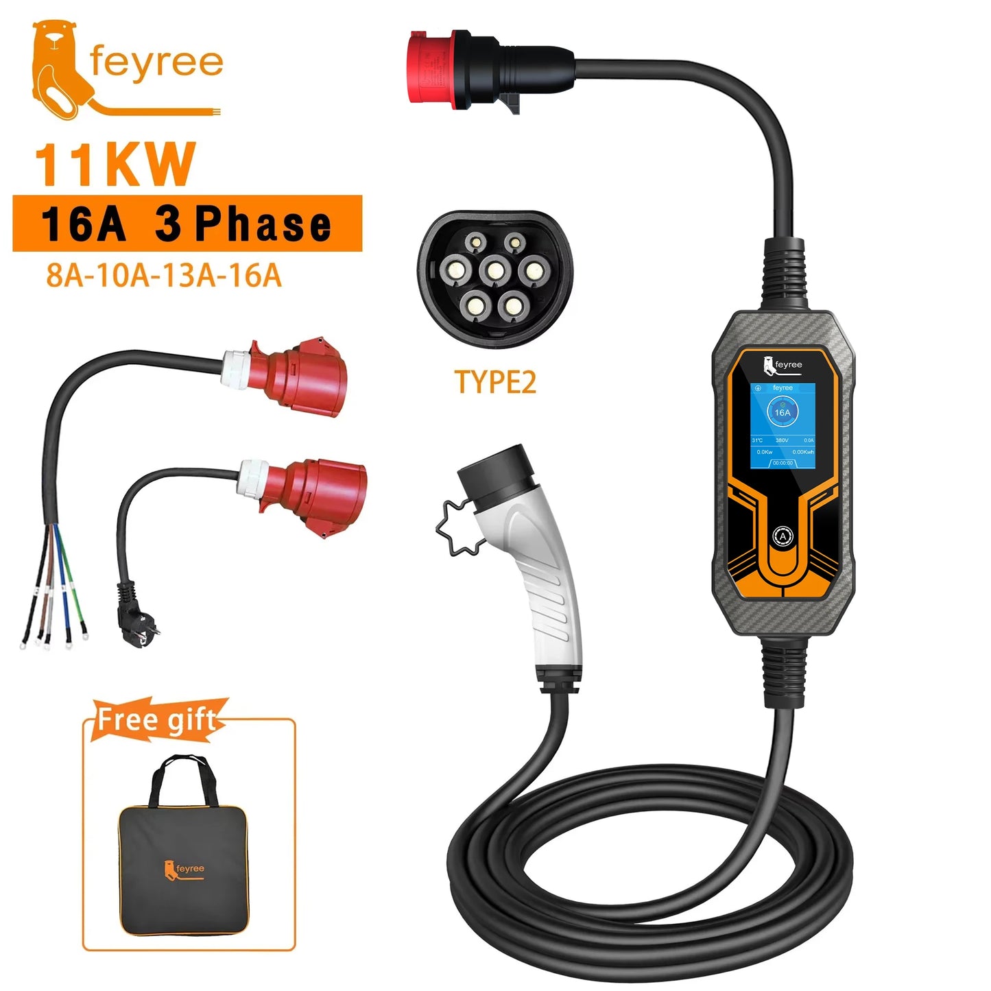 11KW Portable 3-Phase EV Charger Type 2 Adjustable Charging Box