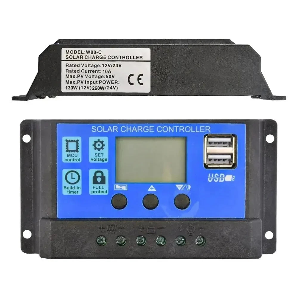 12V/24V PWM Solar Charge Controller with LCD Display & Dual USB Ports