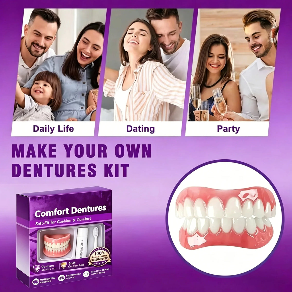 Comfort Fit Silicone Cosmetic Dentures - Natural Looking Instant Smile Veneers