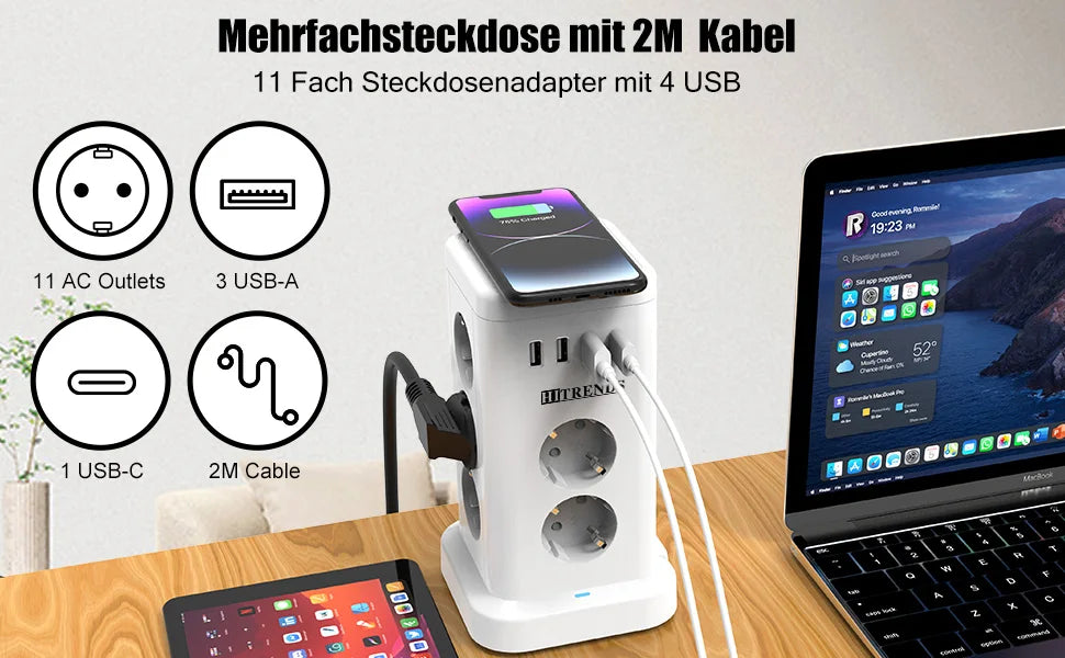 15-in-1 Vertical Power Strip Tower with USB-C & Wireless Charging