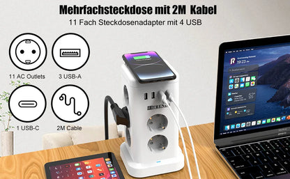 15-in-1 Vertical Power Strip Tower with USB-C & Wireless Charging