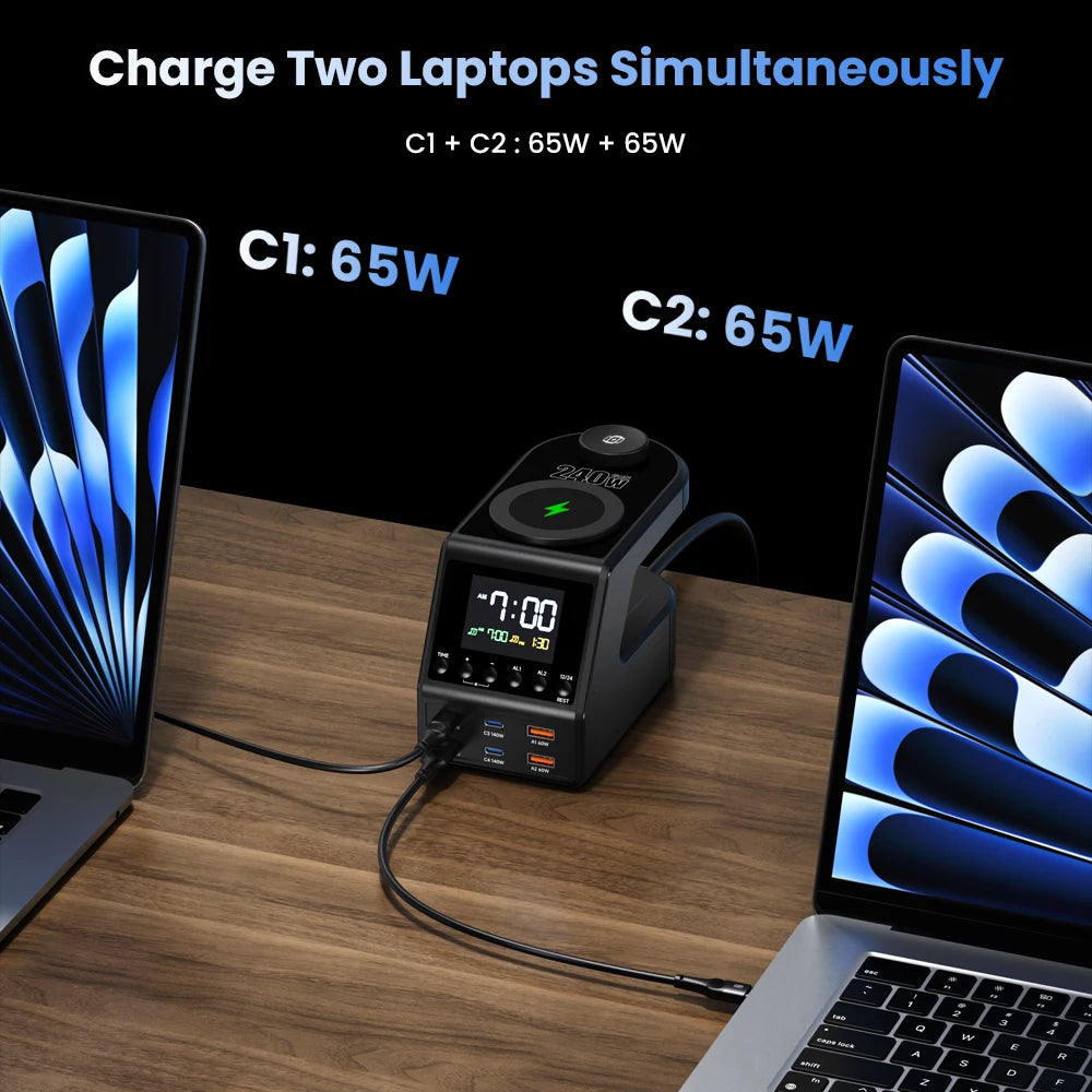 240W GaN Charging Station - 6-Port Fast Charger with Dual Wireless & Clock