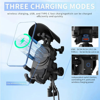 Motorcycle Phone Mount with 15W Wireless & 30W USB-C Fast Charger