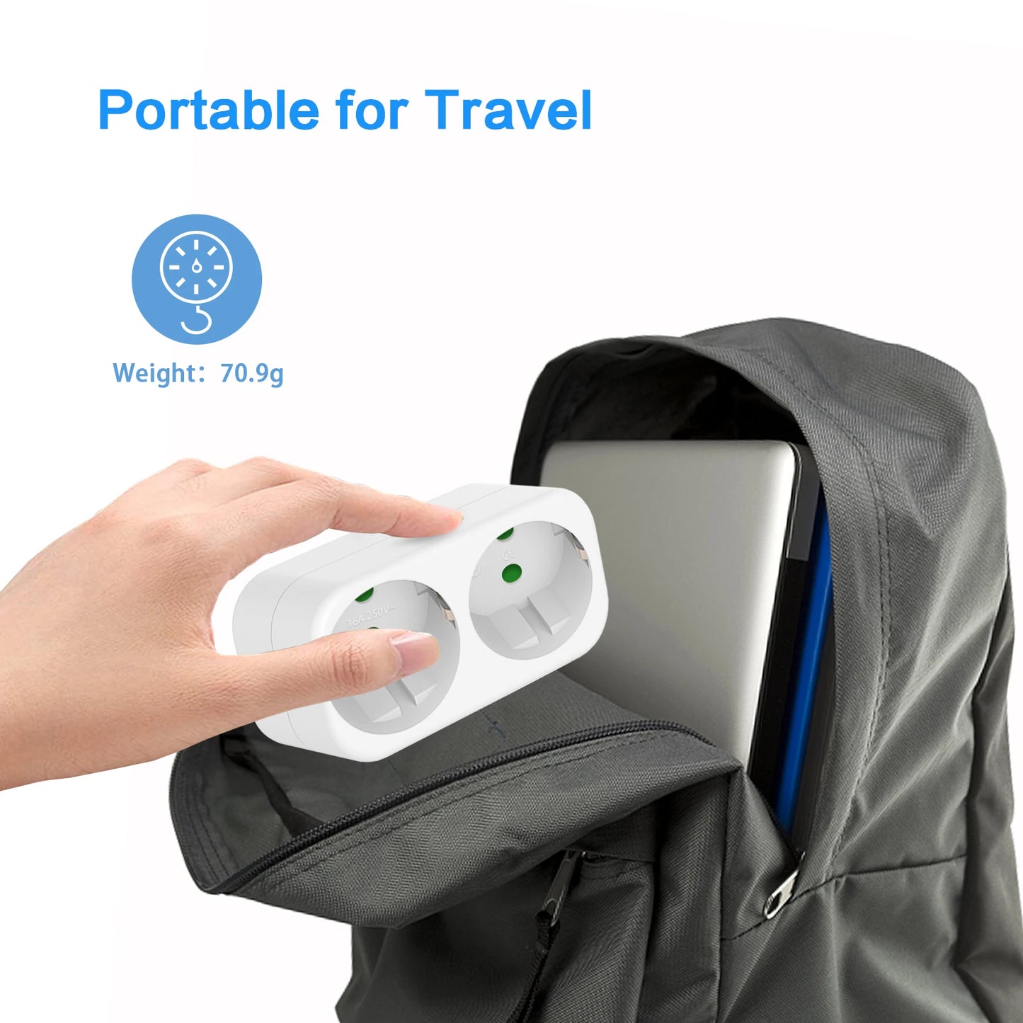 European 2-Way Wall Socket Adapter 16A 3680W Compact Travel Power Plug