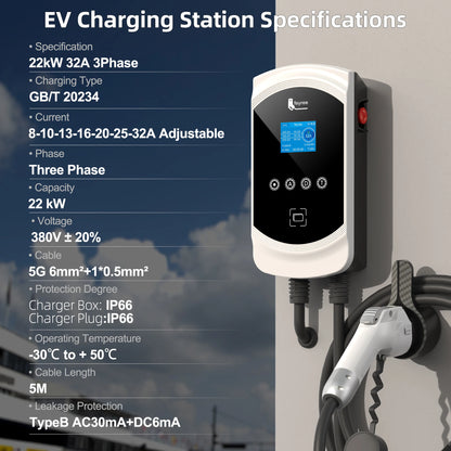 22kW 3-Phase Smart EV Wallbox Charger with WiFi, App Control & DLB