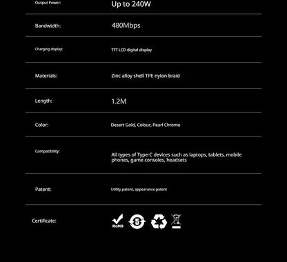 240W USB-C Fast Charging Cable with Real-Time LED Power Display