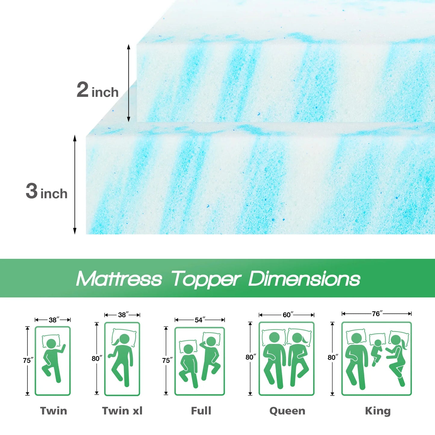 Gel Memory Foam Mattress Topper - Cooling & Pressure Relief Bed Pad