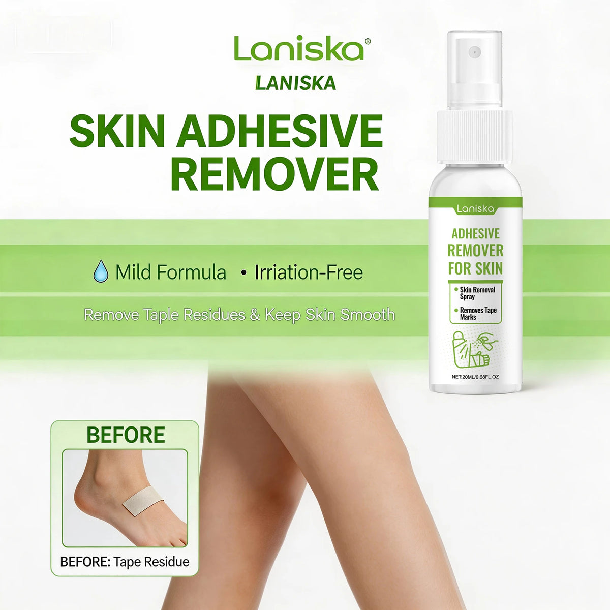 Gentle Adhesive Remover Spray for Skin - Painless Tape and Bandage Residue Cleaner
