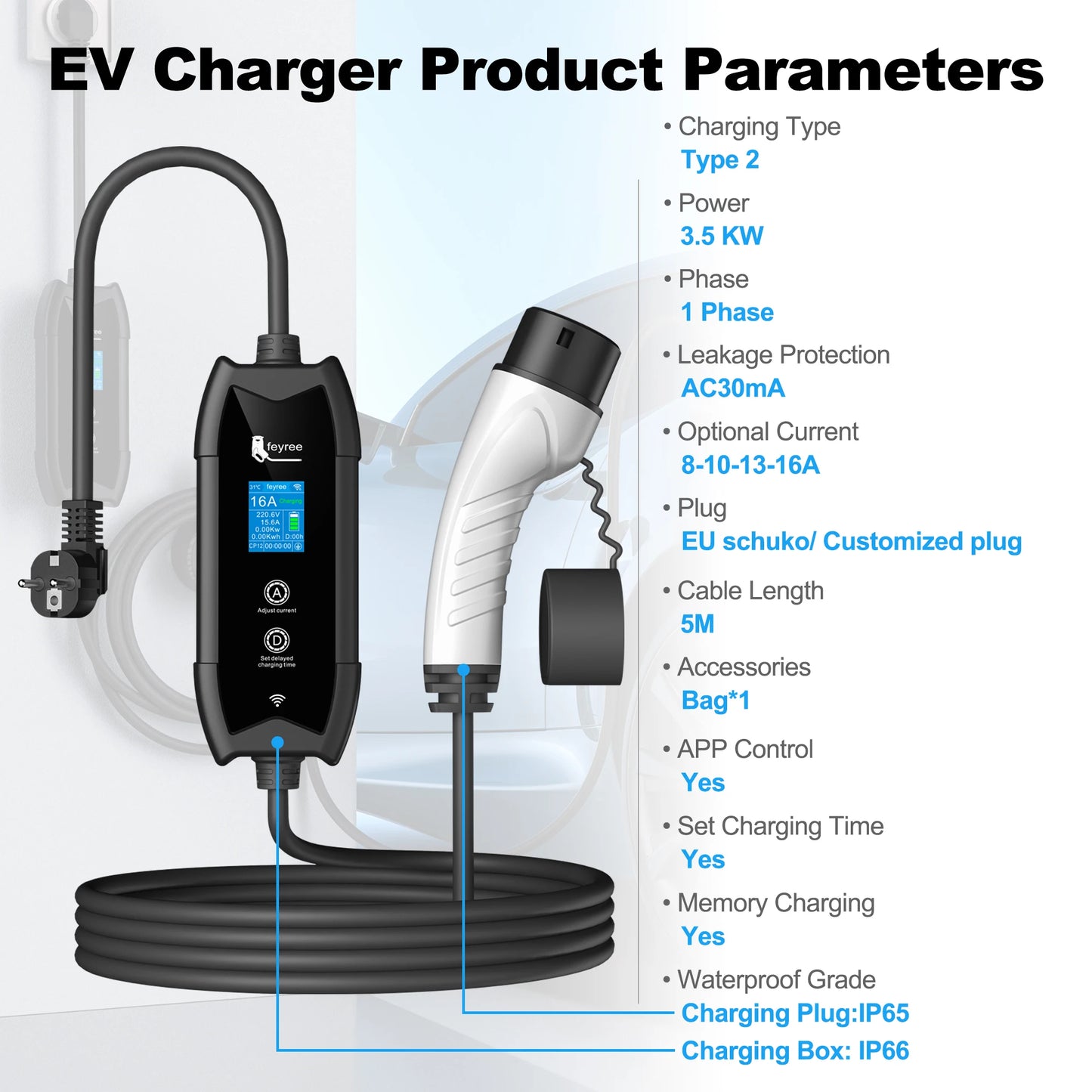 Type 2 Portable EV Charger - 3.5KW Smart WiFi App Control, 5m Cable