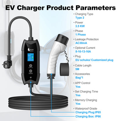 Type 2 Portable EV Charger - 3.5KW Smart WiFi App Control, 5m Cable