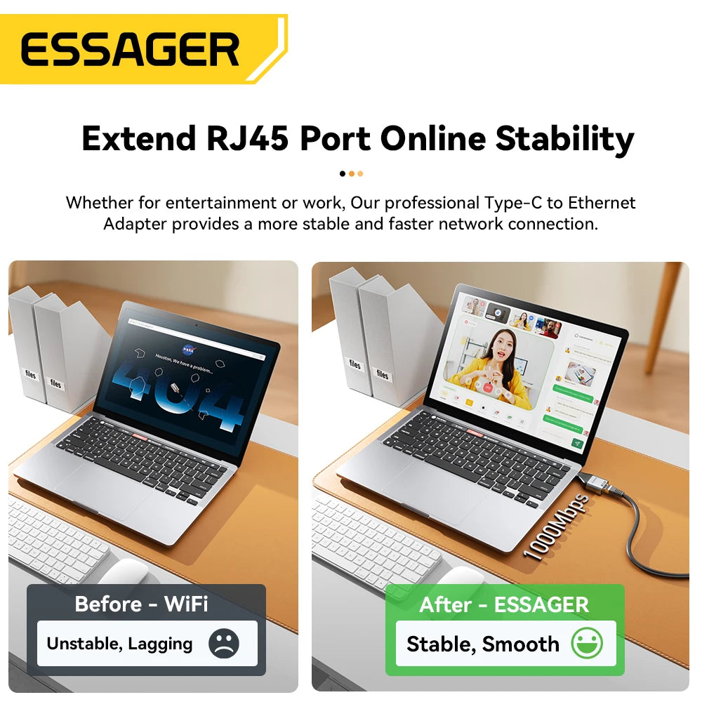 USB-C to Gigabit Ethernet Adapter - High-Speed RJ45 Wired Network Converter - 6