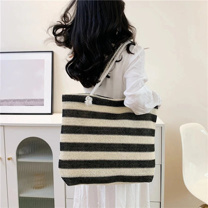 Luxury Striped Straw Beach Tote