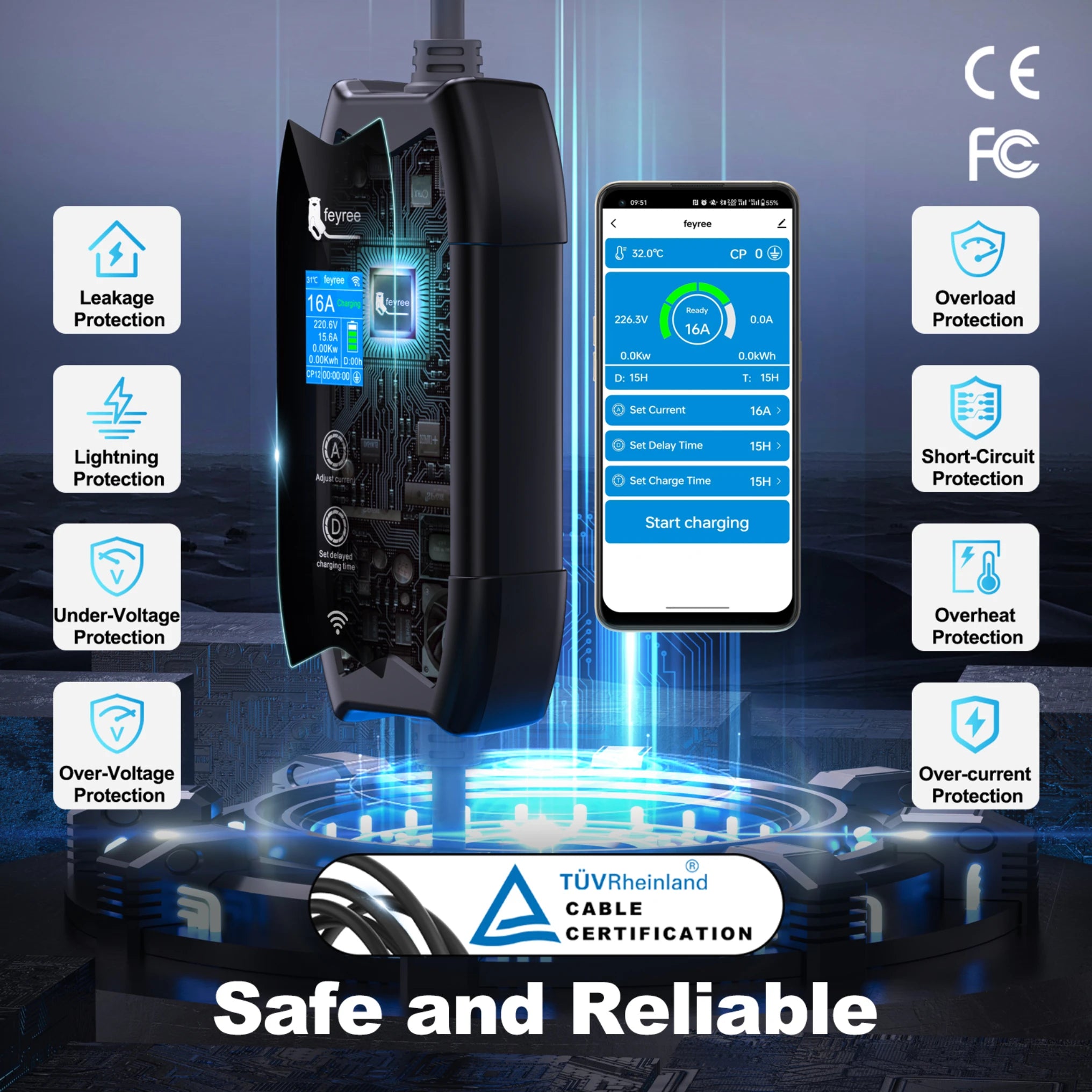 Portable Type 2 EV Charger - 3.5KW Smart App Controlled Fast Charging Cable - 16