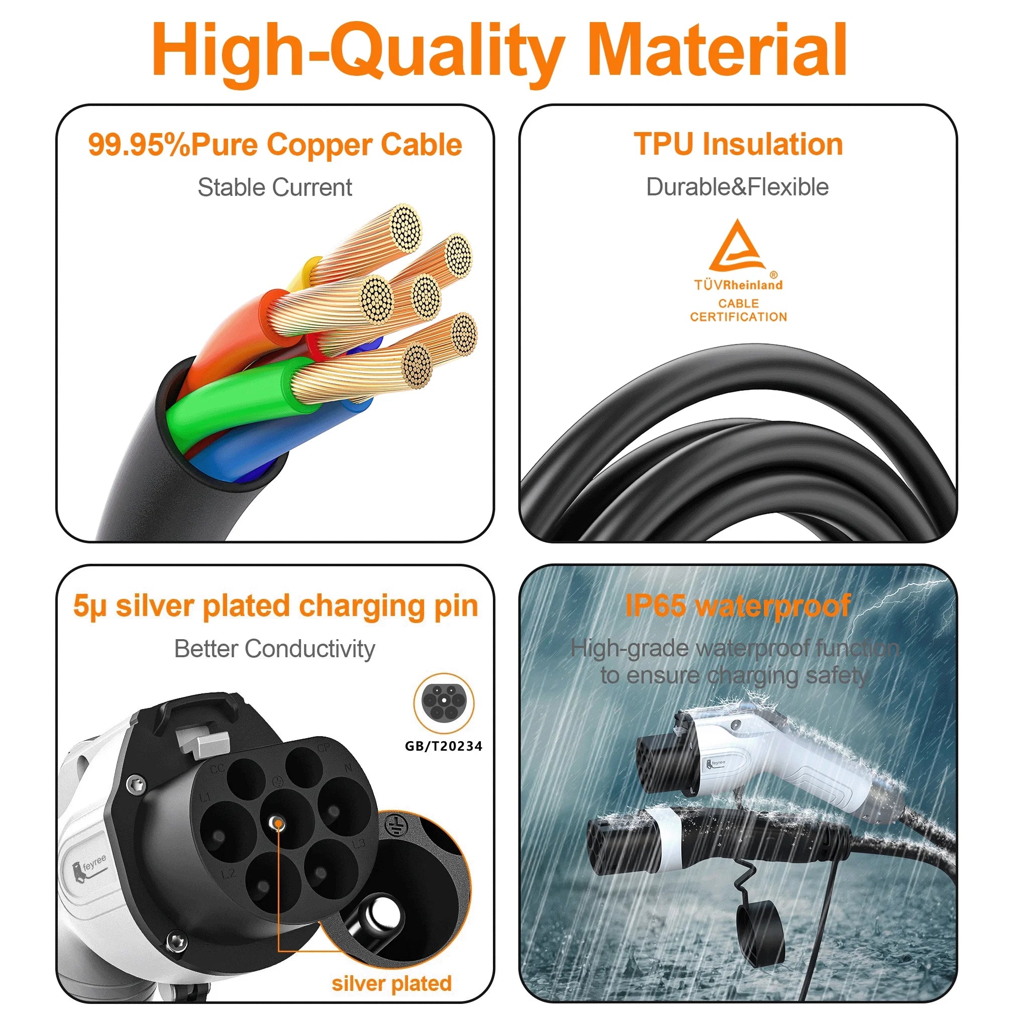 GB/T to Type 2 EV Charging Cable - Fast 16A/32A Electric Vehicle Charger - 12