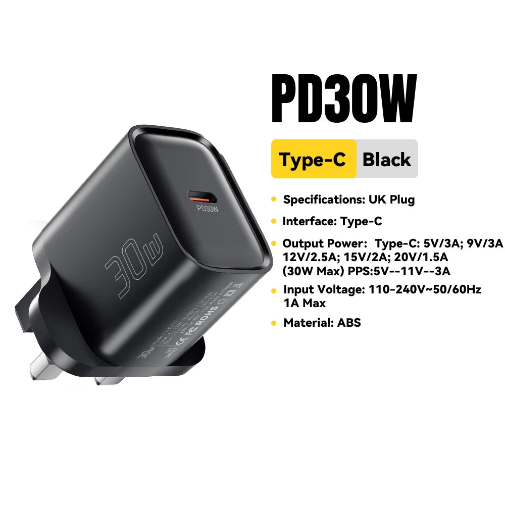 Mini 30W USB-C Fast Charger - PD & QC 3.0 Power Adapter for iPhone & Android