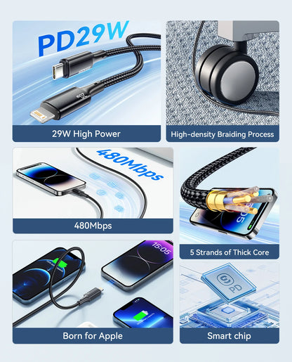 29W PD Fast Charging USB-C to Lightning Cable for iPhone & iPad
