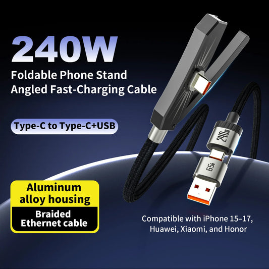 2-in-1 USB to Type-C 240W Fast Charging Cable with Foldable Phone Stand
