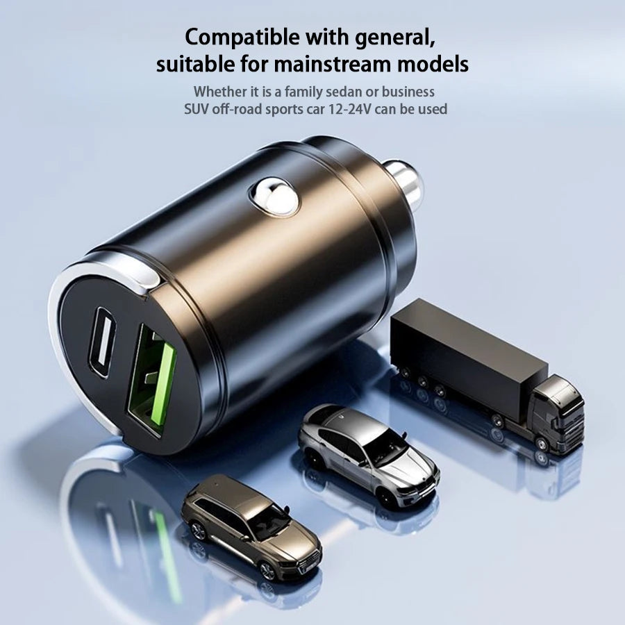 Hidden Mini Fast Car Charger - Dual USB & Type-C Adapter for All Phones