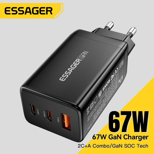 67W GaN 3-Port USB-C Fast Charger - Universal PD & QC Wall Adapter