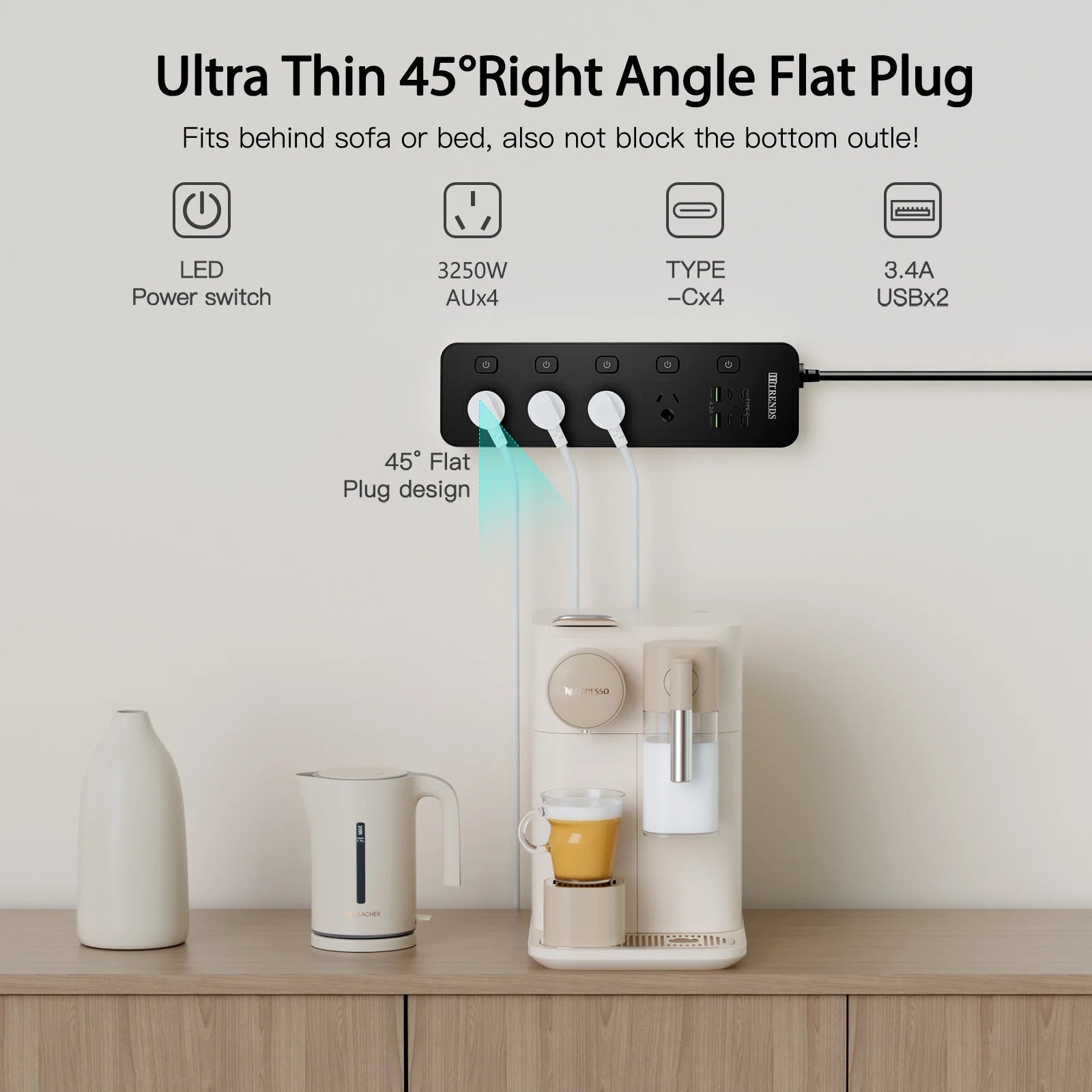 Australian Multi-Plug Power Board with 6 USB Fast Charging Ports & Switches - 5