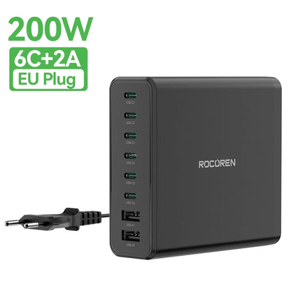200W 8-Port USB-C Desktop Fast Charging Station for Laptops & Phones