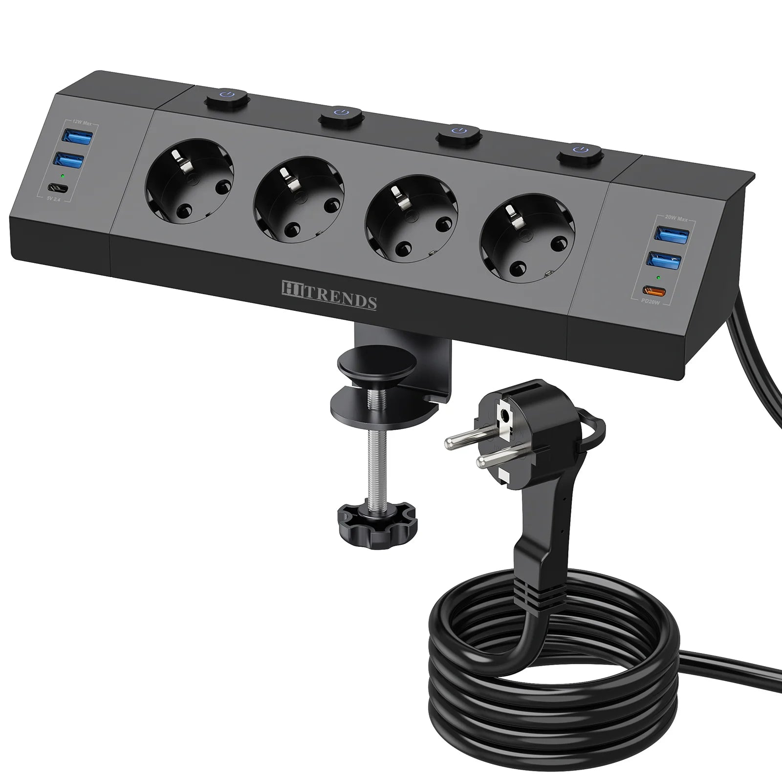 EU Desk Clamp Power Strip with 4 USB Ports, 2 USB-C & Surge Protection - 16