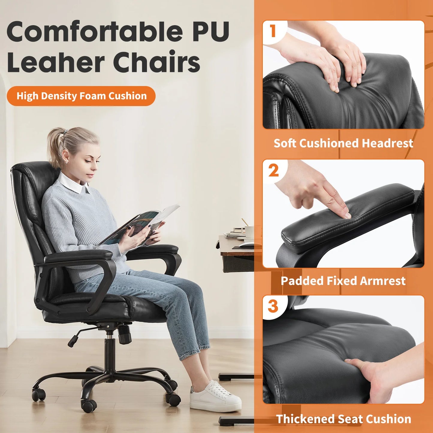 Ergonomic PU Leather Office Desk Chair with Flip-Up Arms & Lumbar Support