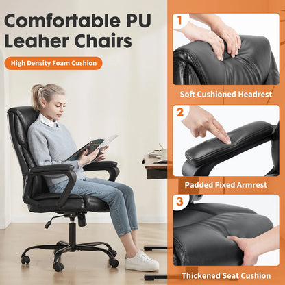 Ergonomic PU Leather Office Desk Chair with Flip-Up Arms & Lumbar Support