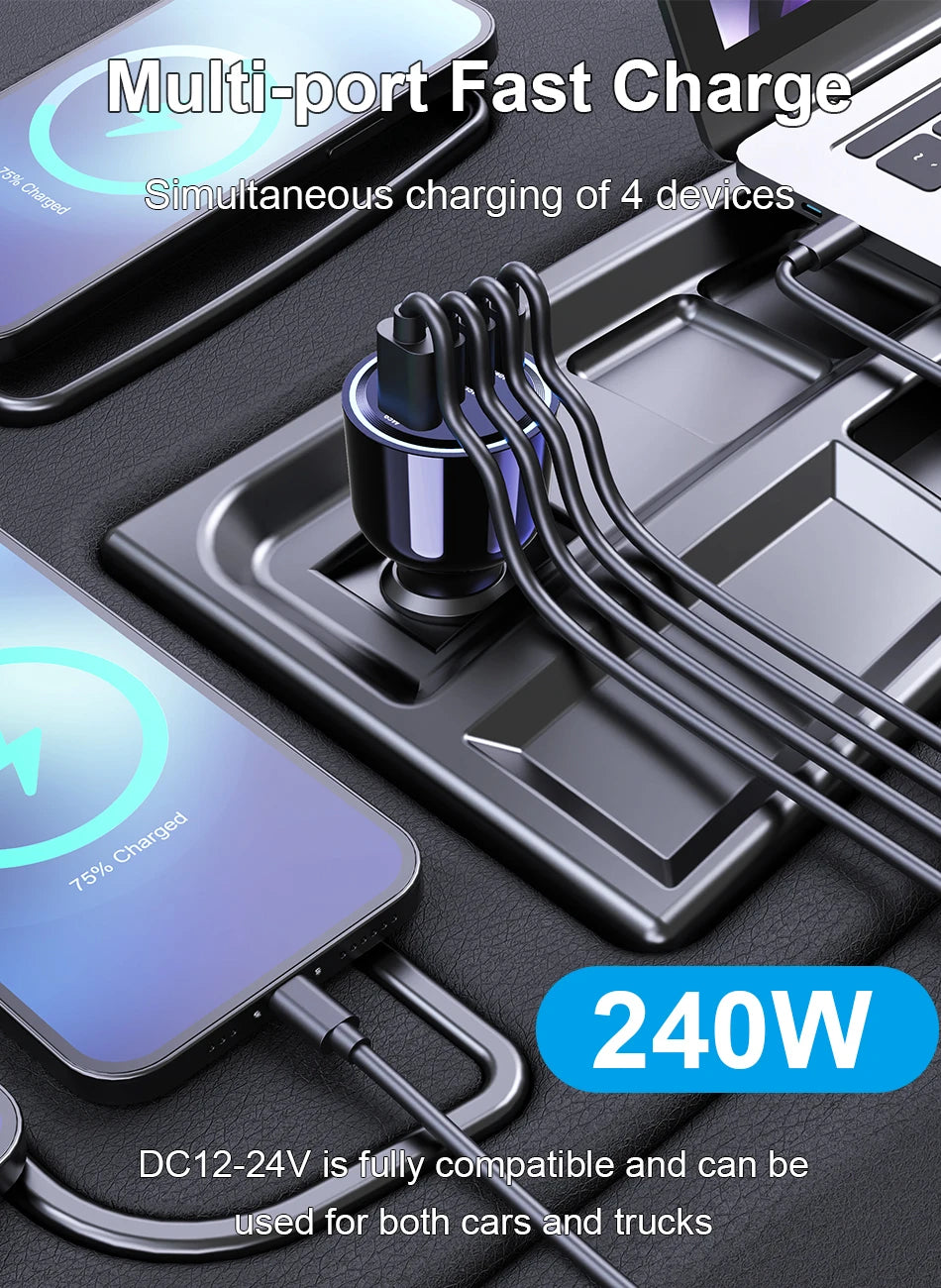 240W 4-Port USB-C Car Charger - PD 3.1 Super Fast Charging Adapter