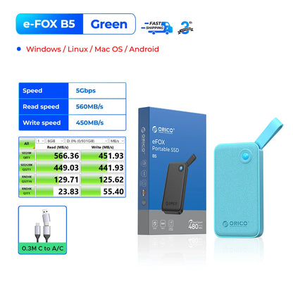 ORICO Portable SSD 560MB/s External Hard Drive for iPhone 15, Mac, PC