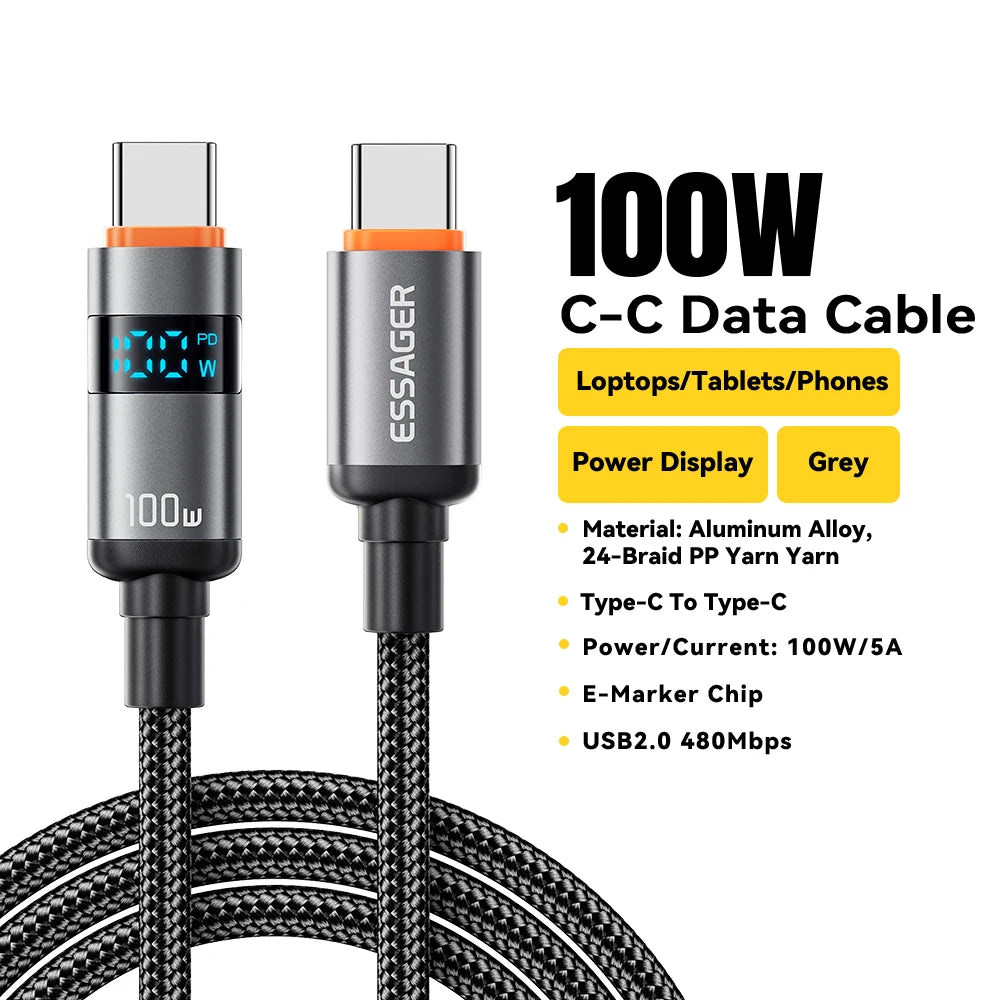 100W USB-C to USB-C Fast Charging Cable with LED Display